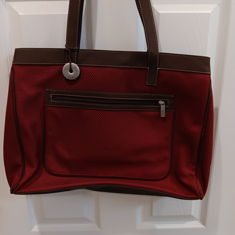 Vintage SAK Maroon and Brown Tote with Front Pocket